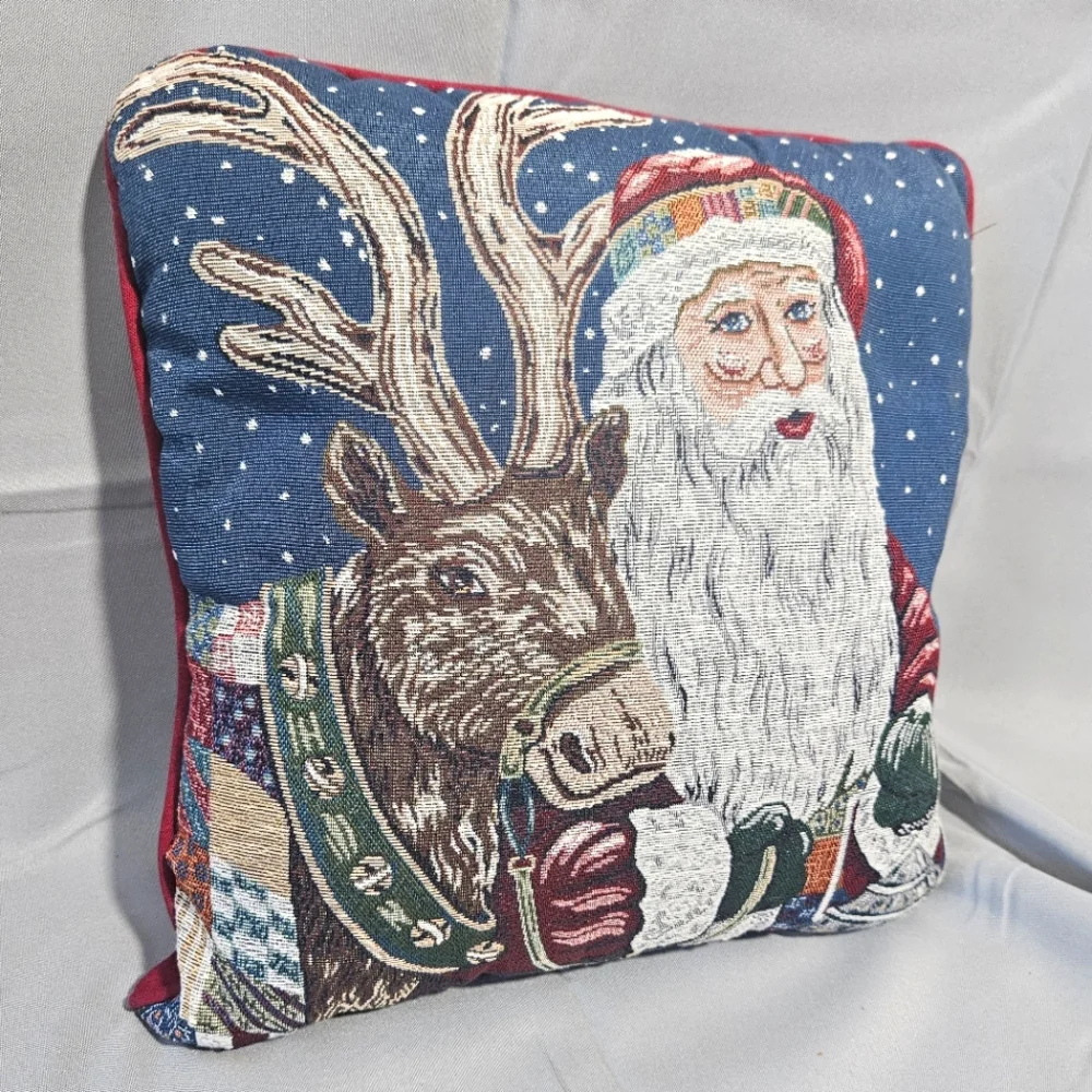 Riverdale Vintage Christmas Santa Reindeer Needlepoint Pillow 16X16 Red Green